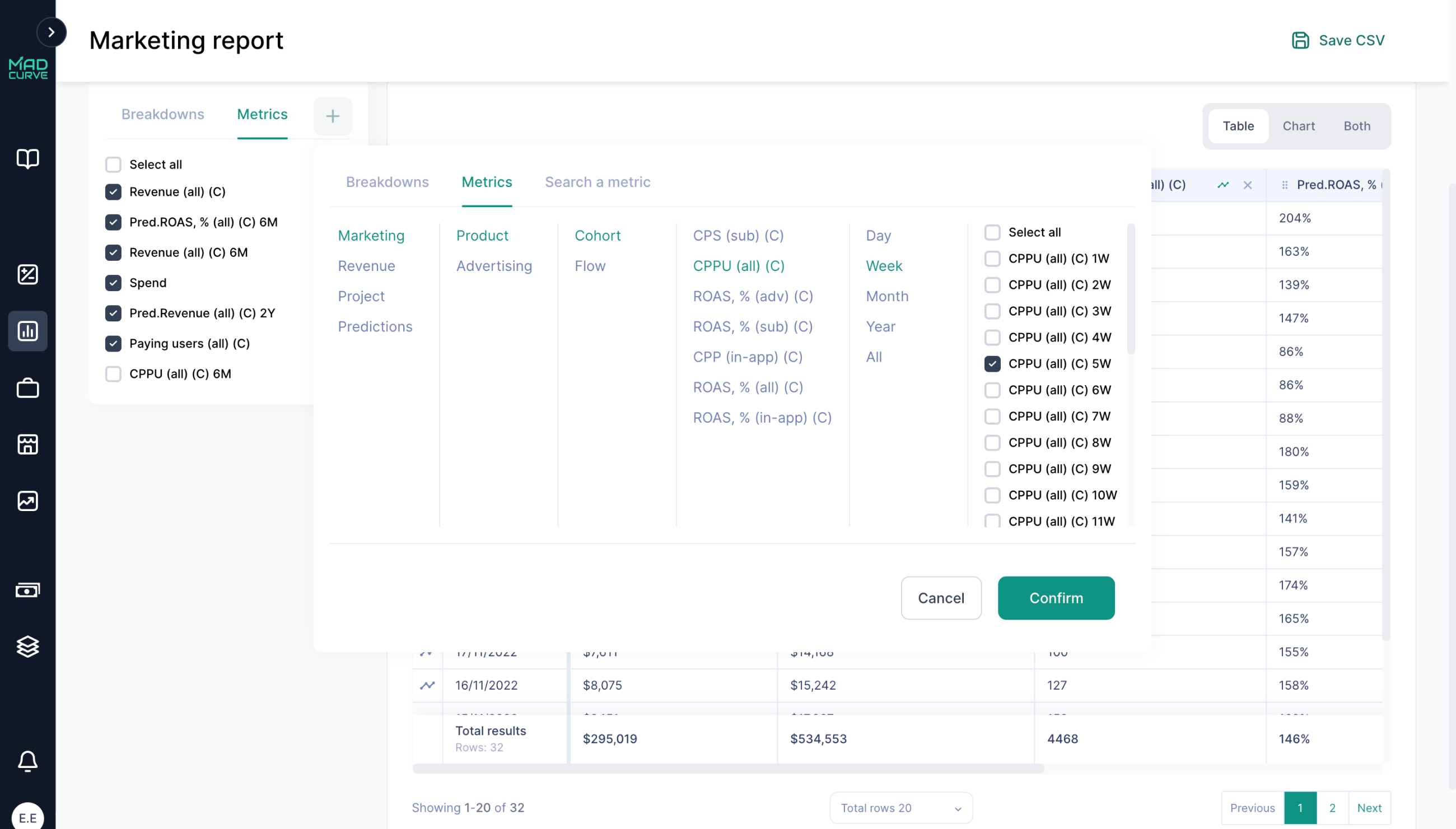 Marketing Report Filters Section
